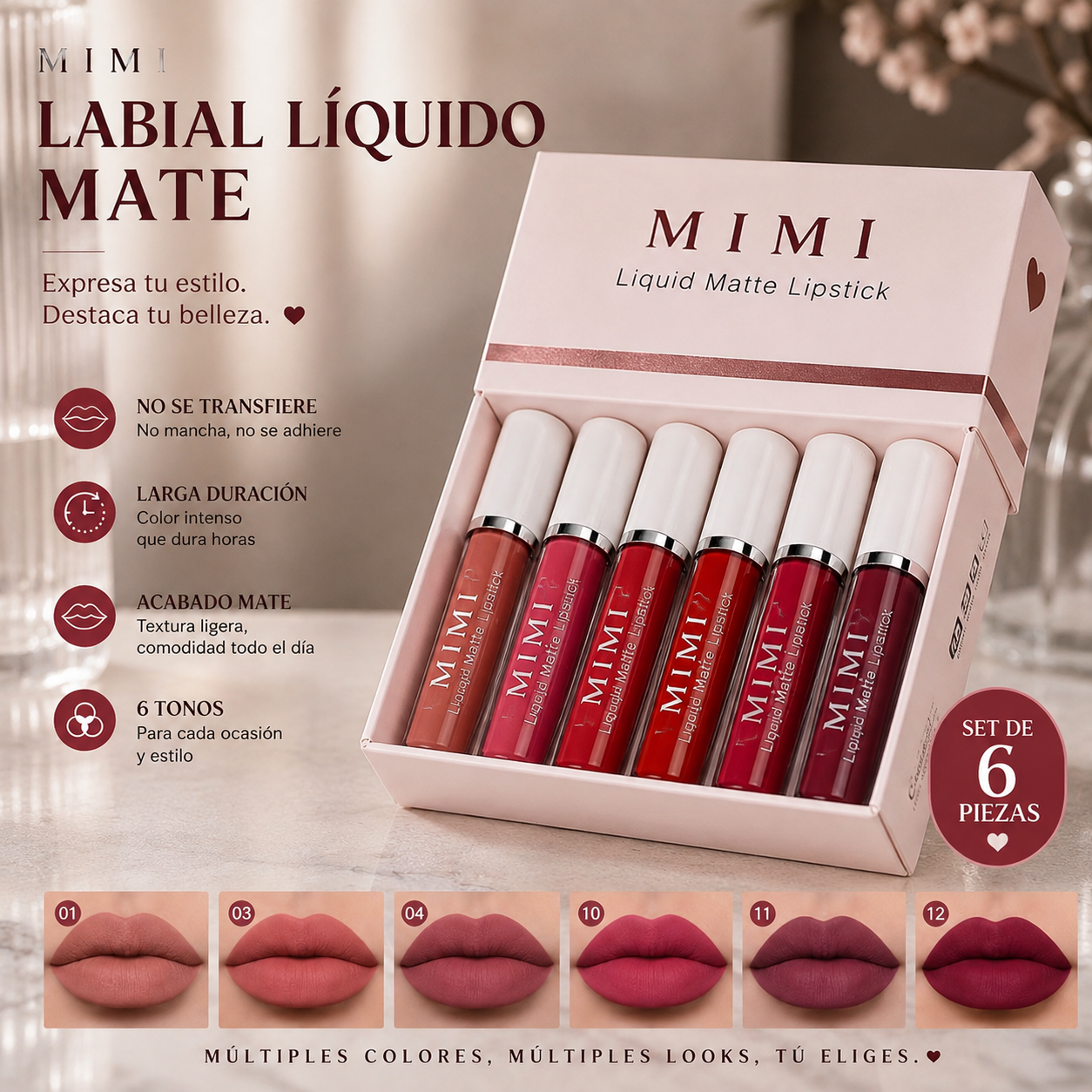 Labial Líquido Mate MIMI – Set de 6 Tonos