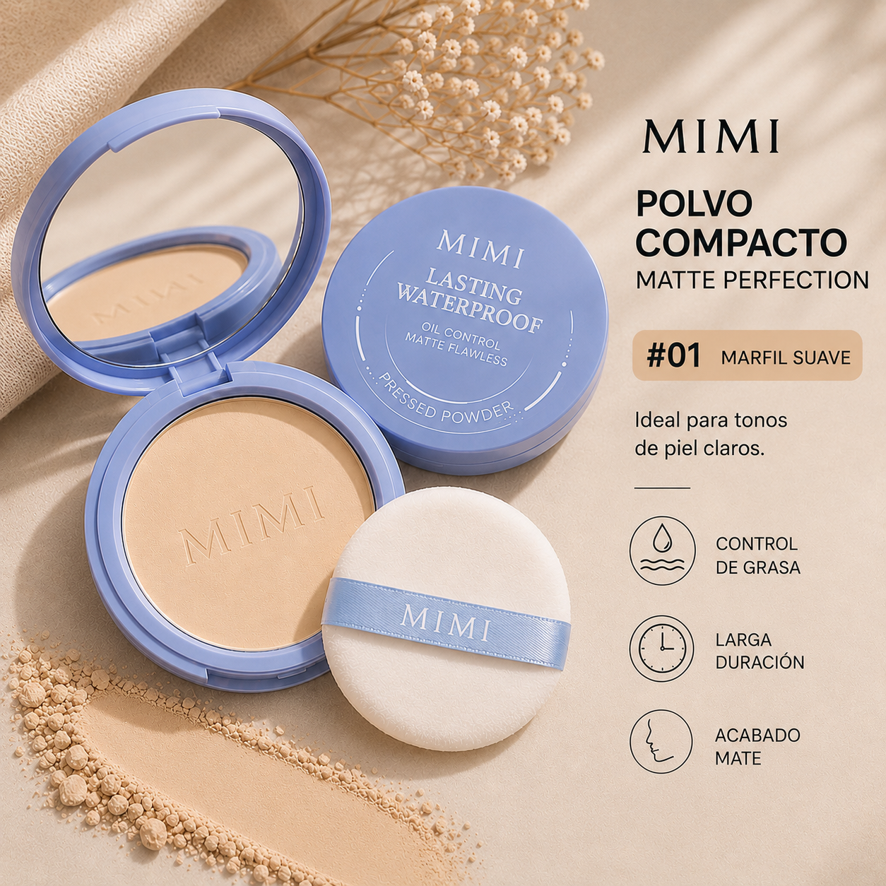 Polvo Compacto MIMI – Acabado Mate & Control de Brillo